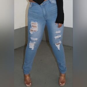 Fashion Nova Blue Skinny Jeans with Distressed Detailing